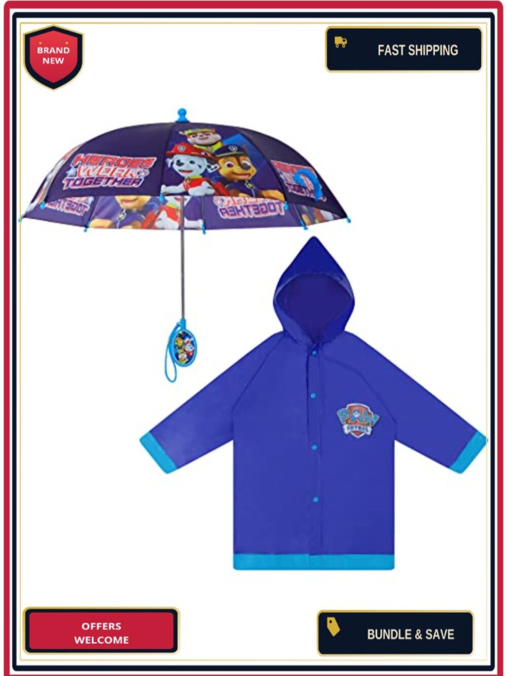 Kids Raincoat and Umbrella Set Vinyl Poncho Adjustable Hood Snap Closures